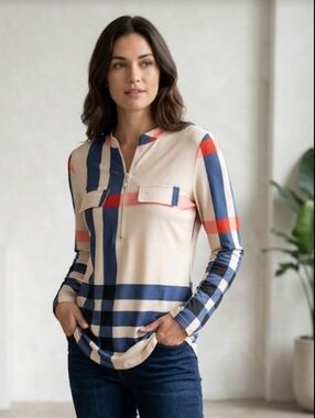 Moyabo Striped Long Sleeve Zip-Front Tunic - Cream, Navy & Coral